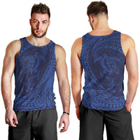 Hawaiian Turtle and Shark Men Tank Top Kakau Tribal with Polynesian Pattern Blue Color