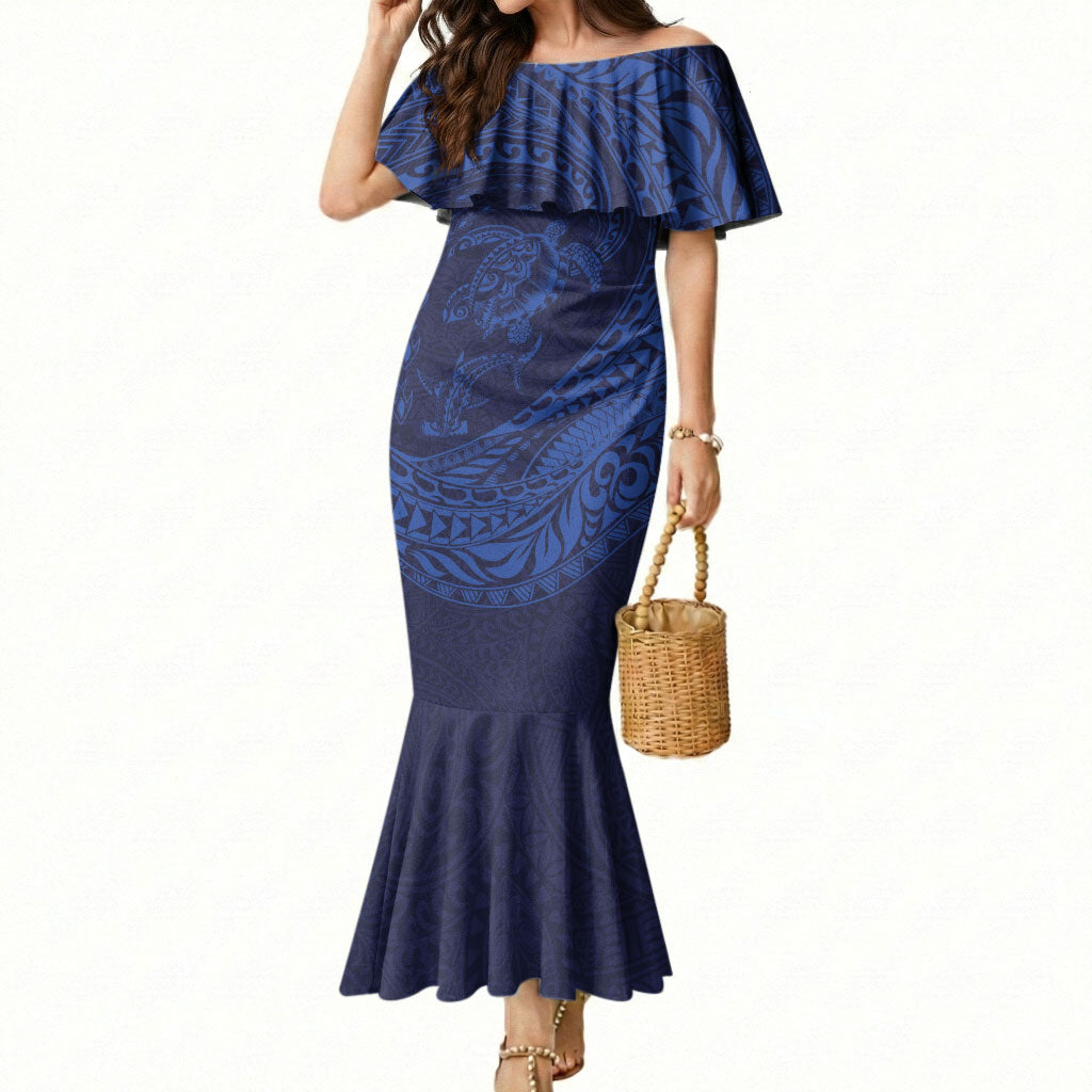 Hawaiian Turtle and Shark Mermaid Dress Kakau Tribal with Polynesian Pattern Blue Color
