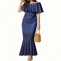 Hawaiian Turtle and Shark Mermaid Dress Kakau Tribal with Polynesian Pattern Blue Color