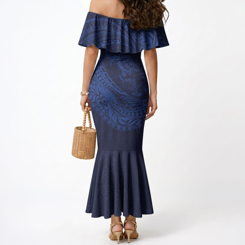 Hawaiian Turtle and Shark Mermaid Dress Kakau Tribal with Polynesian Pattern Blue Color