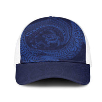 Hawaiian Turtle and Shark Mesh Trucker Cap Kakau Tribal with Polynesian Pattern Blue Color