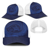 Hawaiian Turtle and Shark Mesh Trucker Cap Kakau Tribal with Polynesian Pattern Blue Color