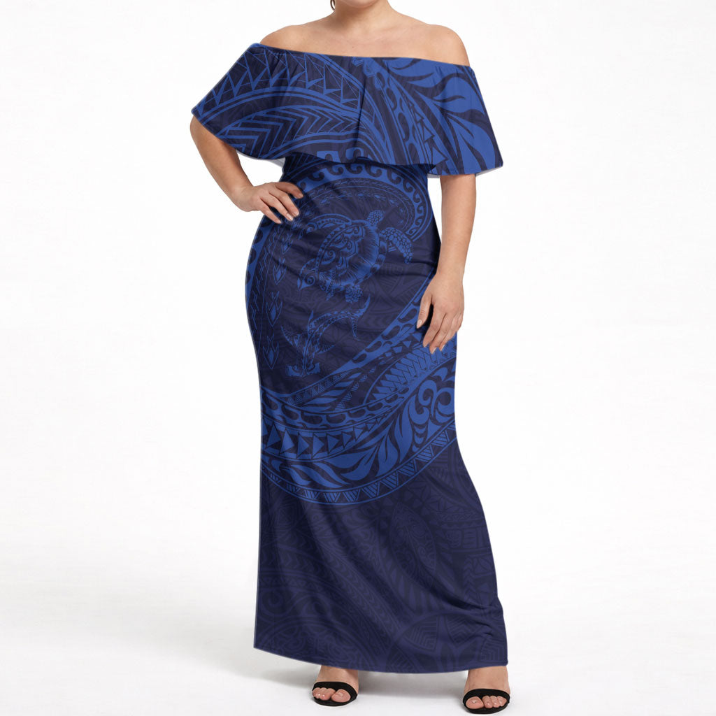 Hawaiian Turtle and Shark Off Shoulder Maxi Dress Kakau Tribal with Polynesian Pattern Blue Color