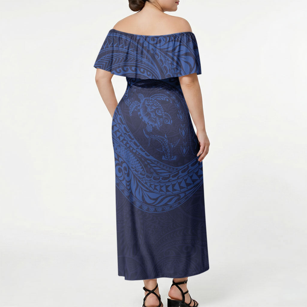 Hawaiian Turtle and Shark Off Shoulder Maxi Dress Kakau Tribal with Polynesian Pattern Blue Color