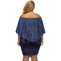 Hawaiian Turtle and Shark Off Shoulder Short Dress Kakau Tribal with Polynesian Pattern Blue Color