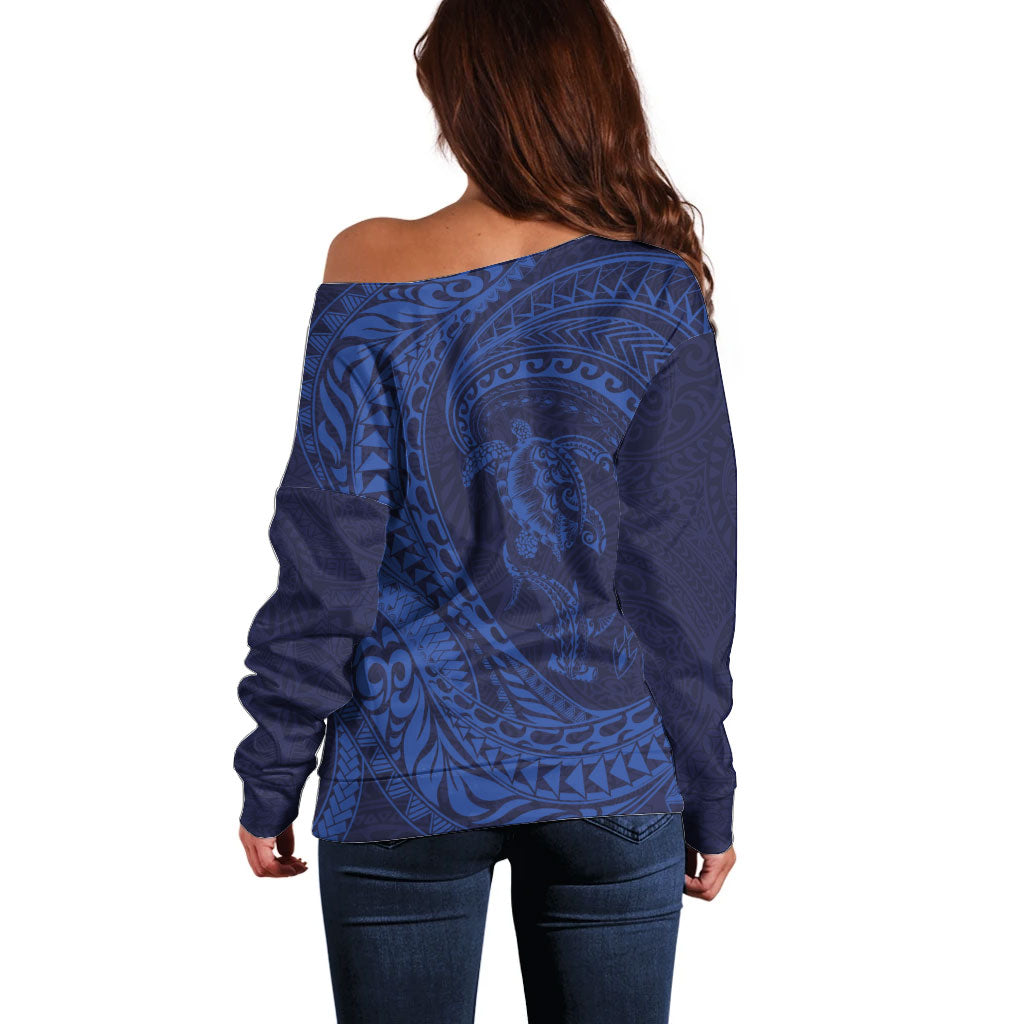 Hawaiian Turtle and Shark Off Shoulder Sweater Kakau Tribal with Polynesian Pattern Blue Color