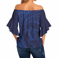 Hawaiian Turtle and Shark Off Shoulder Wrap Waist Top Kakau Tribal with Polynesian Pattern Blue Color