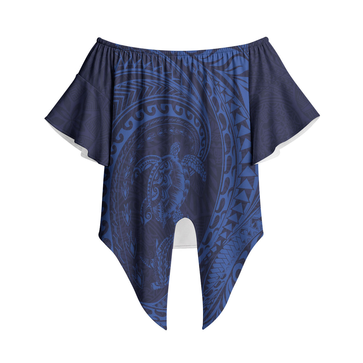 Hawaiian Turtle and Shark Off Shoulder Wrap Waist Top Kakau Tribal with Polynesian Pattern Blue Color