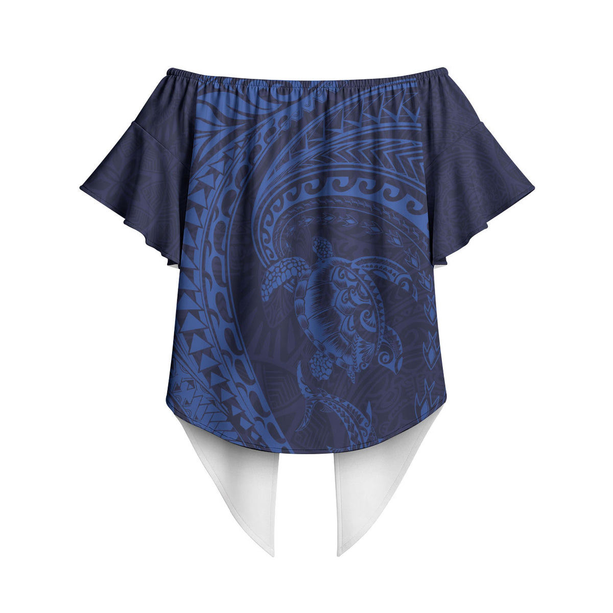 Hawaiian Turtle and Shark Off Shoulder Wrap Waist Top Kakau Tribal with Polynesian Pattern Blue Color