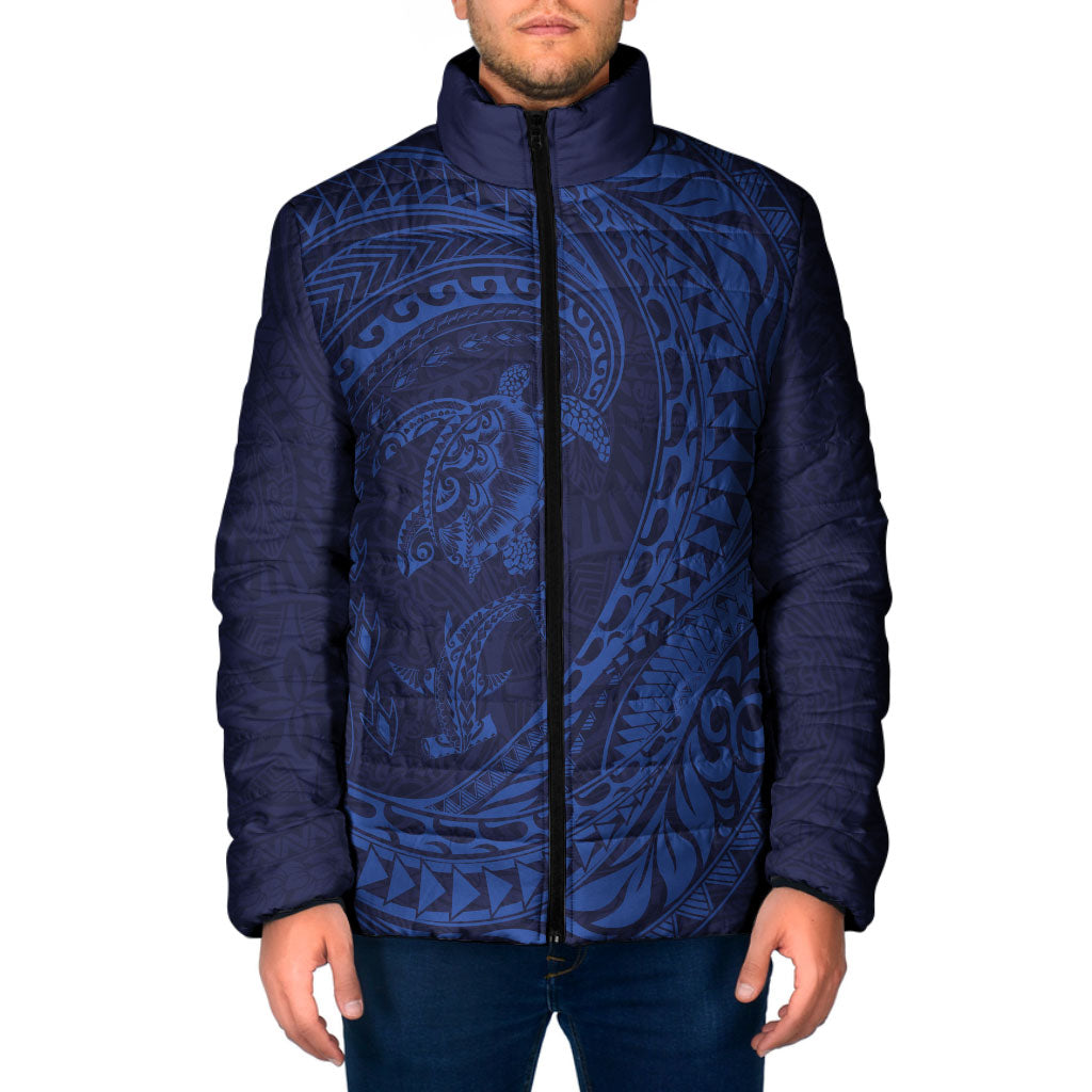 Hawaiian Turtle and Shark Padded Jacket Kakau Tribal with Polynesian Pattern Blue Color