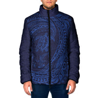 Hawaiian Turtle and Shark Padded Jacket Kakau Tribal with Polynesian Pattern Blue Color