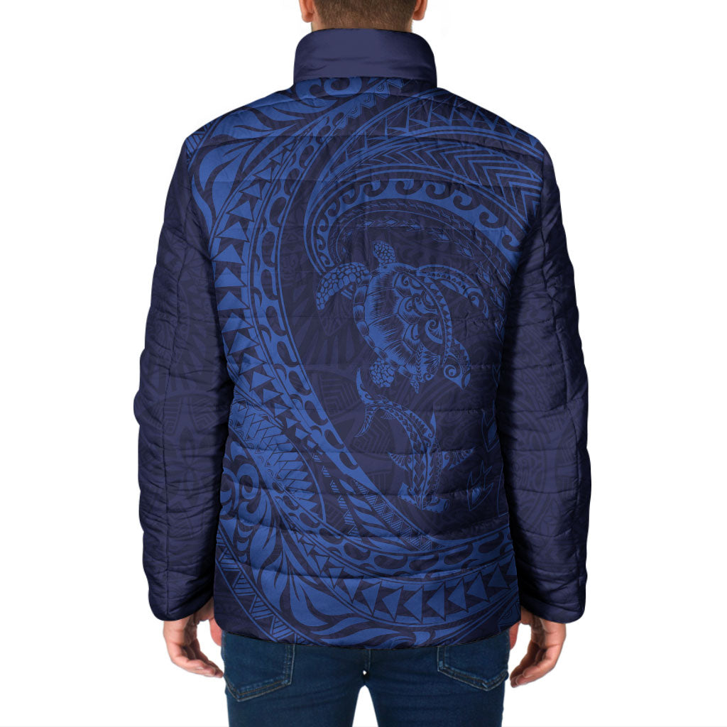 Hawaiian Turtle and Shark Padded Jacket Kakau Tribal with Polynesian Pattern Blue Color