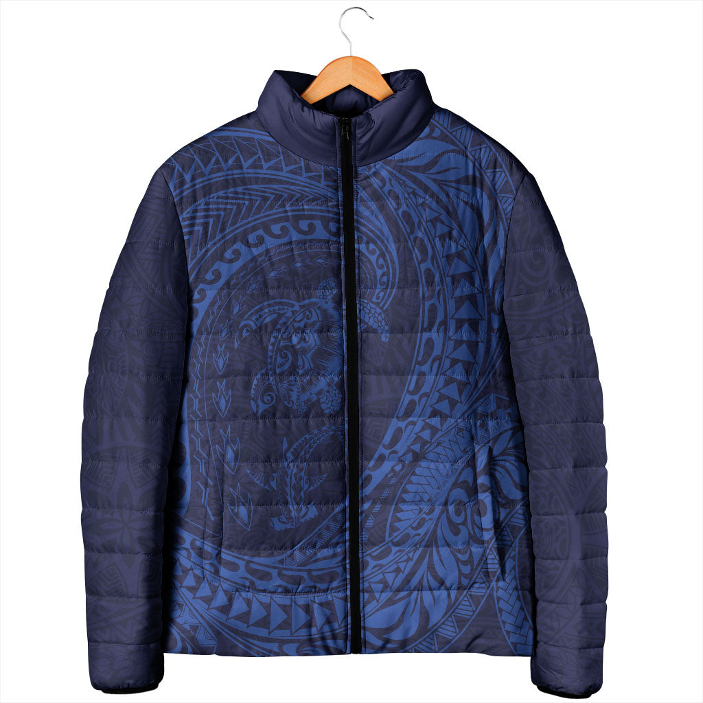 Hawaiian Turtle and Shark Padded Jacket Kakau Tribal with Polynesian Pattern Blue Color