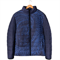 Hawaiian Turtle and Shark Padded Jacket Kakau Tribal with Polynesian Pattern Blue Color