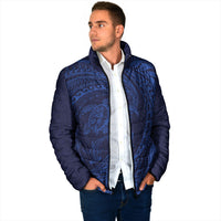 Hawaiian Turtle and Shark Padded Jacket Kakau Tribal with Polynesian Pattern Blue Color