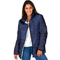 Hawaiian Turtle and Shark Padded Jacket Kakau Tribal with Polynesian Pattern Blue Color