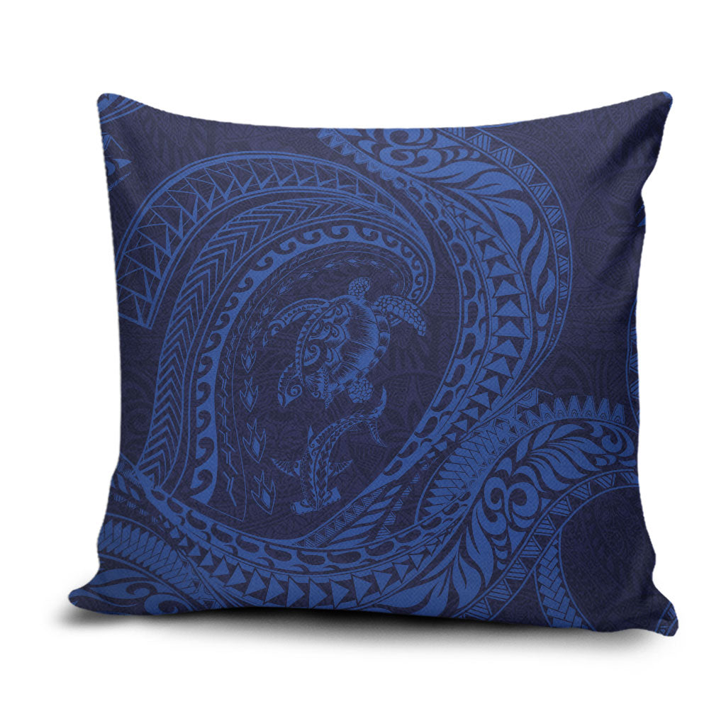 Hawaiian Turtle and Shark Pillow Cover Kakau Tribal with Polynesian Pattern Blue Color
