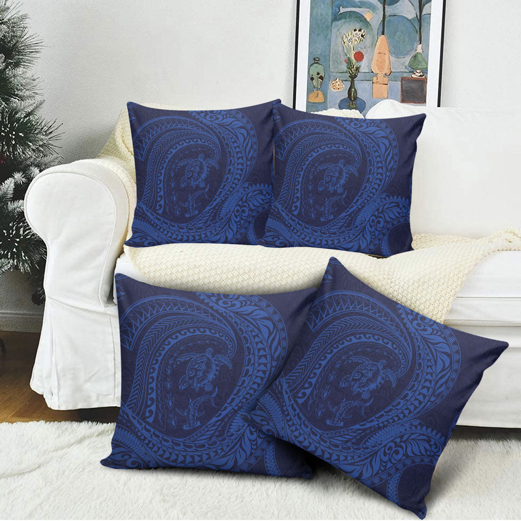 Hawaiian Turtle and Shark Pillow Cover Kakau Tribal with Polynesian Pattern Blue Color