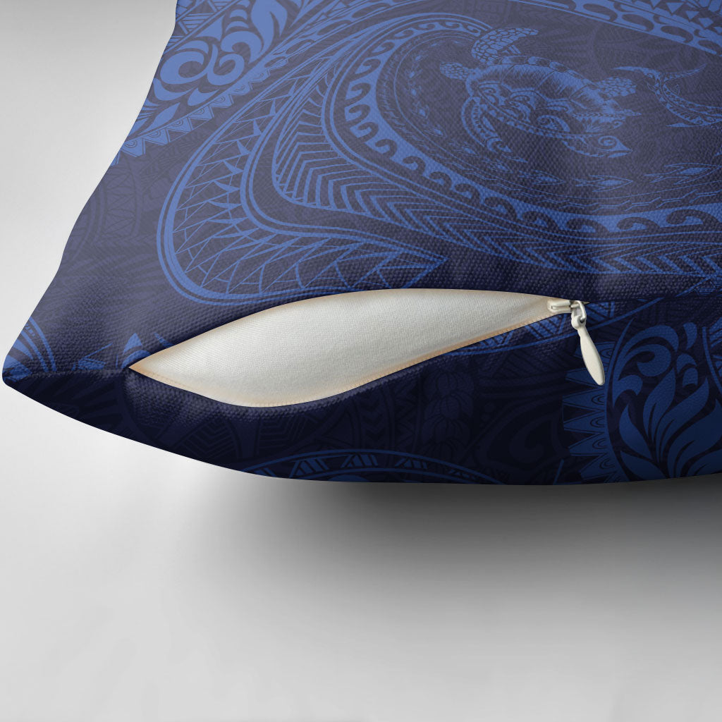 Hawaiian Turtle and Shark Pillow Cover Kakau Tribal with Polynesian Pattern Blue Color