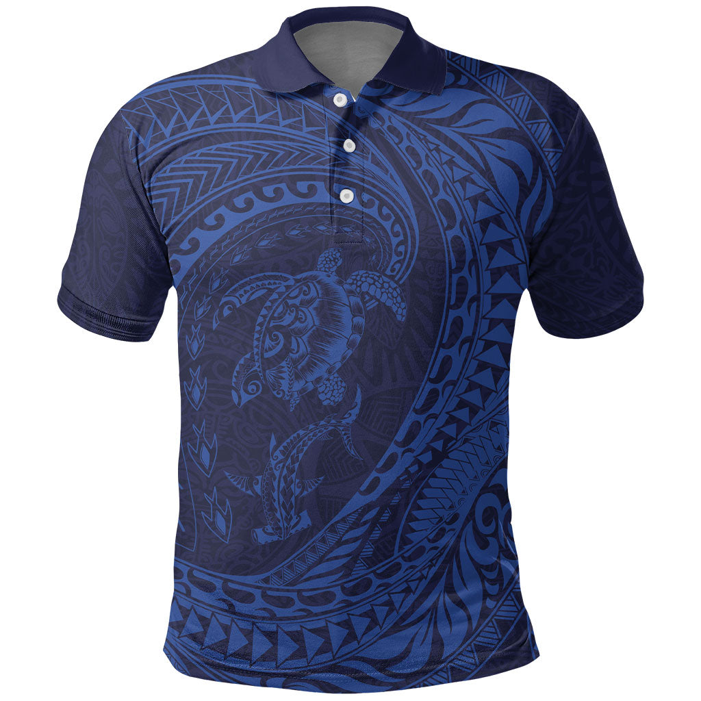 Hawaiian Turtle and Shark Polo Shirt Kakau Tribal with Polynesian Pattern Blue Color