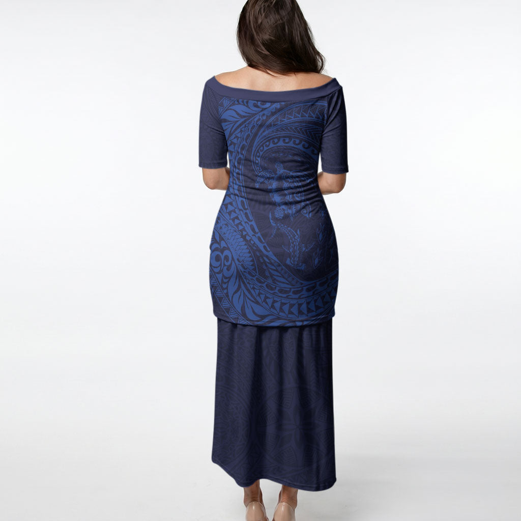 Hawaiian Turtle and Shark Puletasi Kakau Tribal with Polynesian Pattern Blue Color