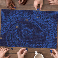 Hawaiian Turtle and Shark Puzzle Kakau Tribal with Polynesian Pattern Blue Color
