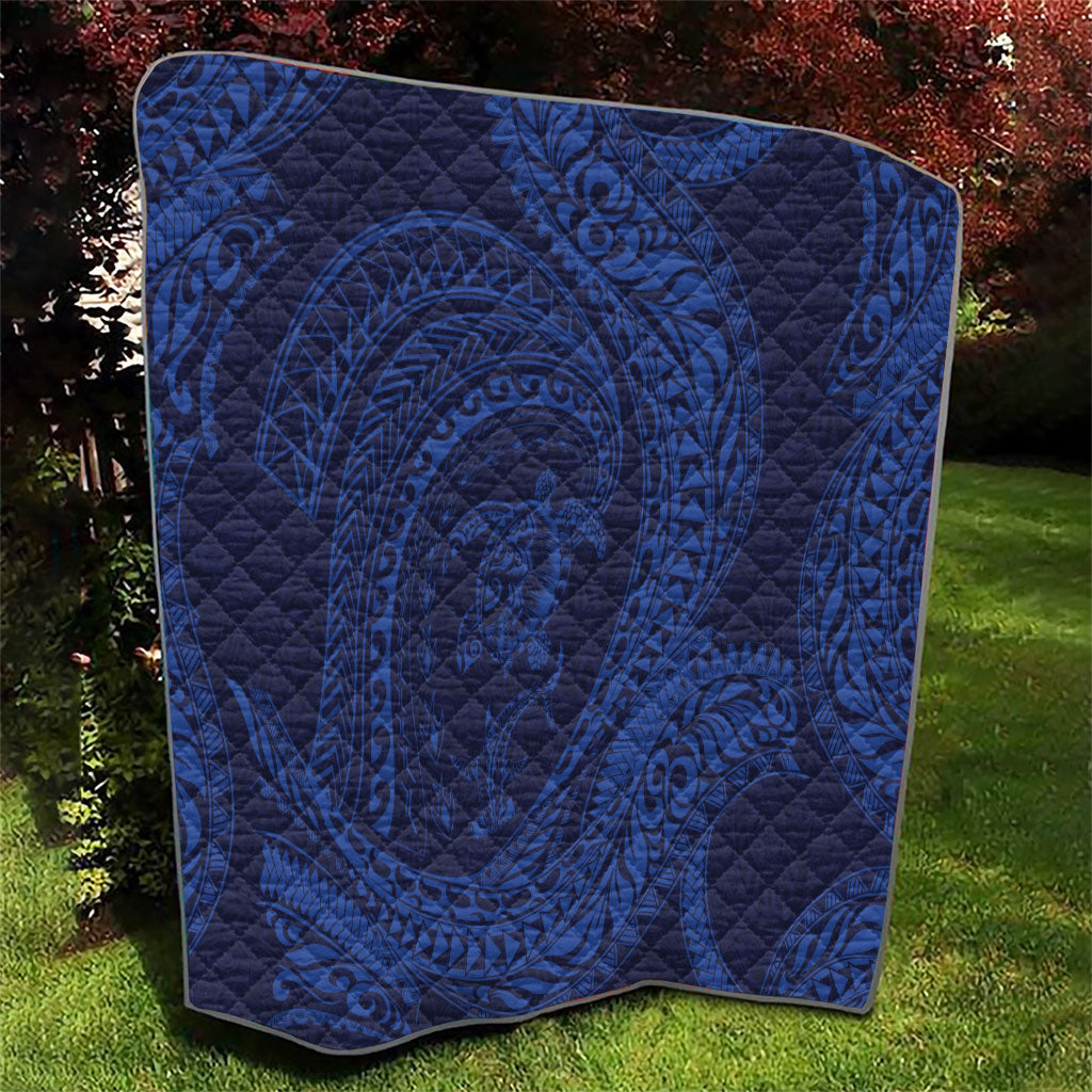 Hawaiian Turtle and Shark Quilt Kakau Tribal with Polynesian Pattern Blue Color