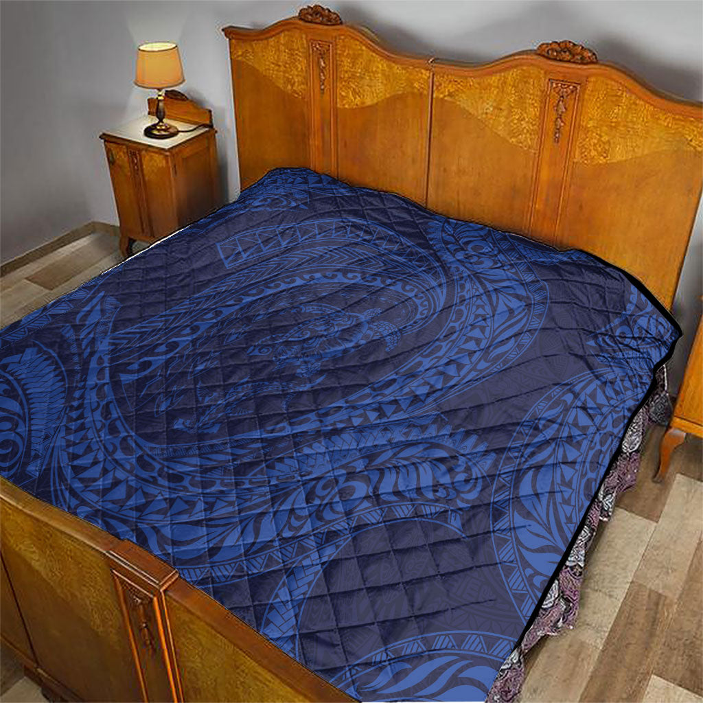 Hawaiian Turtle and Shark Quilt Kakau Tribal with Polynesian Pattern Blue Color