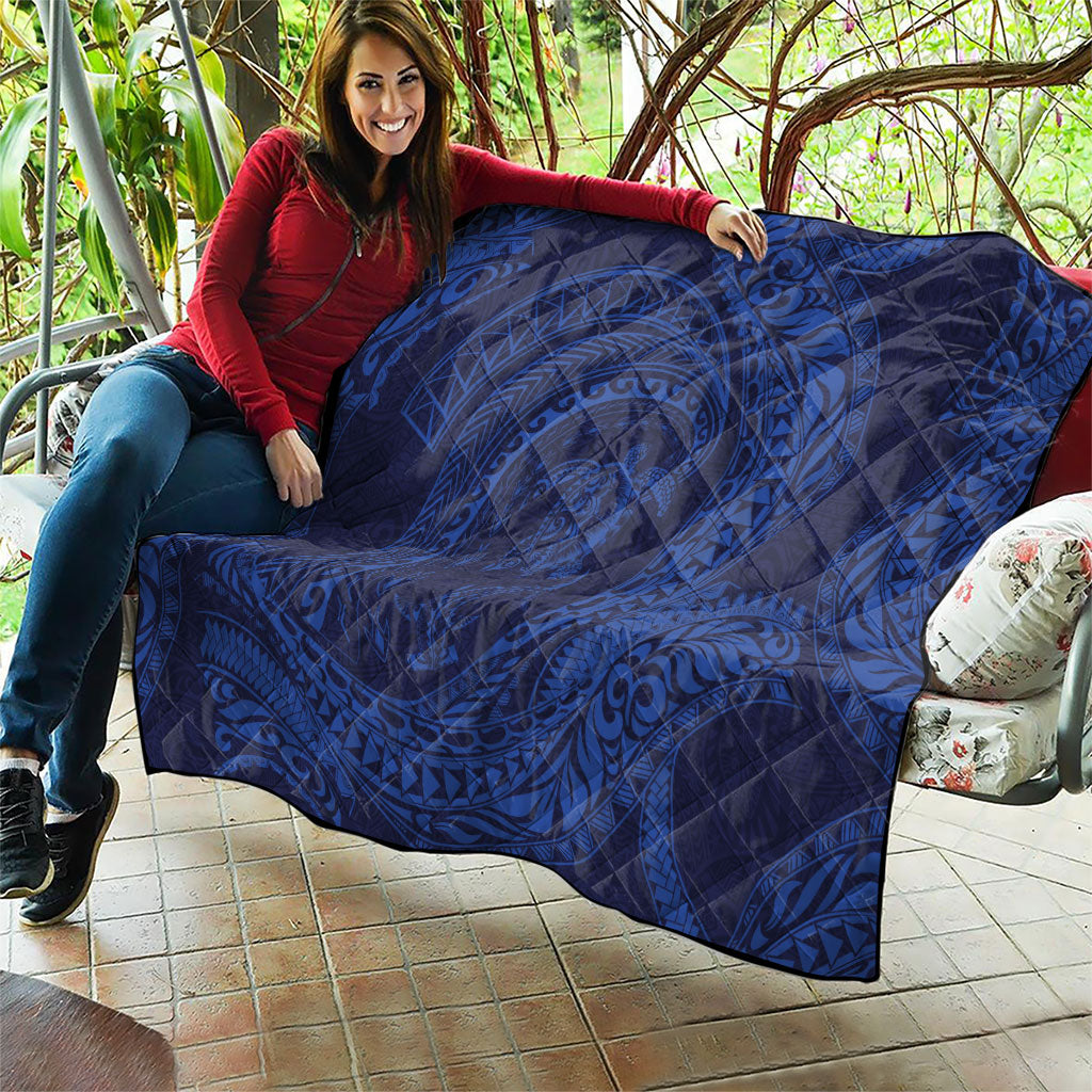 Hawaiian Turtle and Shark Quilt Kakau Tribal with Polynesian Pattern Blue Color