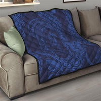 Hawaiian Turtle and Shark Quilt Kakau Tribal with Polynesian Pattern Blue Color