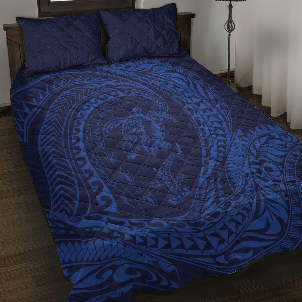 Hawaiian Turtle and Shark Quilt Bed Set Kakau Tribal with Polynesian Pattern Blue Color