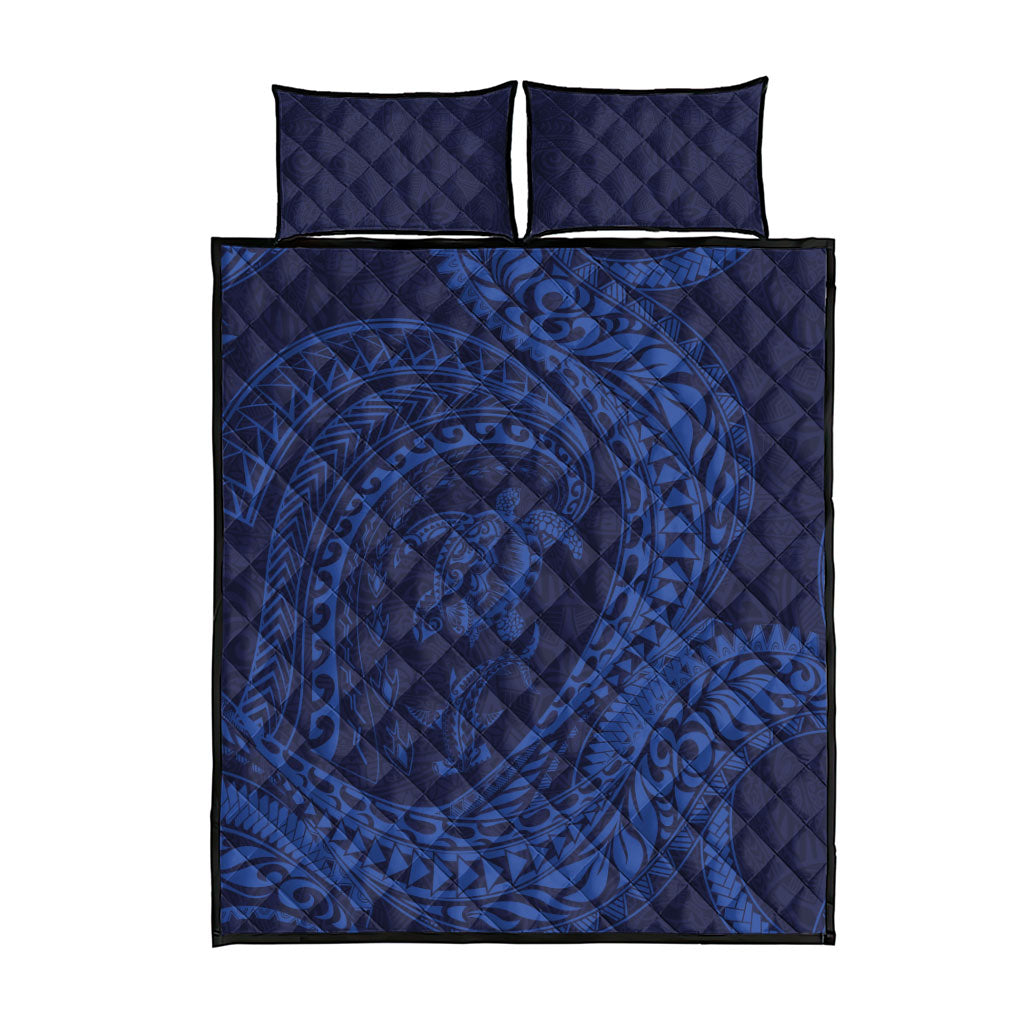 Hawaiian Turtle and Shark Quilt Bed Set Kakau Tribal with Polynesian Pattern Blue Color
