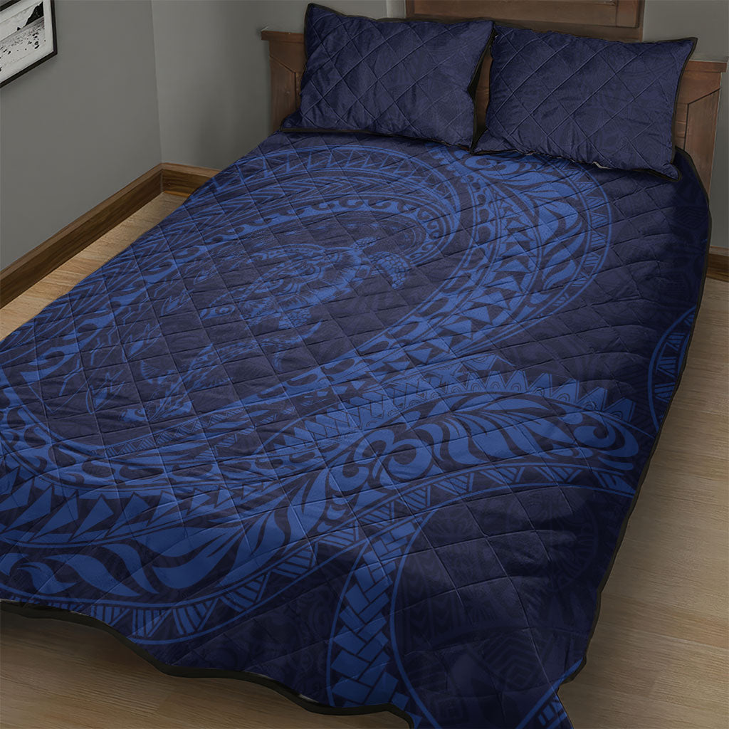 Hawaiian Turtle and Shark Quilt Bed Set Kakau Tribal with Polynesian Pattern Blue Color