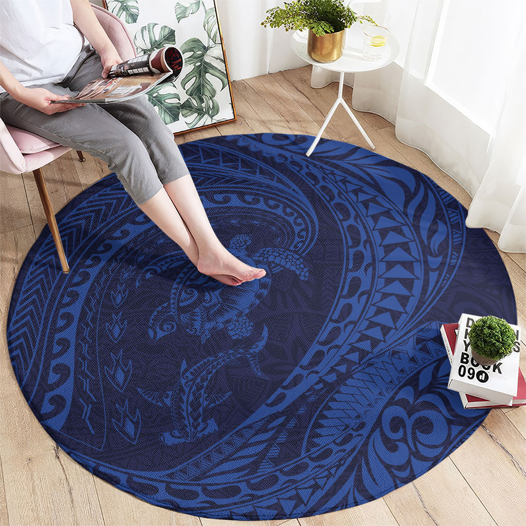 Hawaiian Turtle and Shark Round Carpet Kakau Tribal with Polynesian Pattern Blue Color