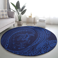 Hawaiian Turtle and Shark Round Carpet Kakau Tribal with Polynesian Pattern Blue Color