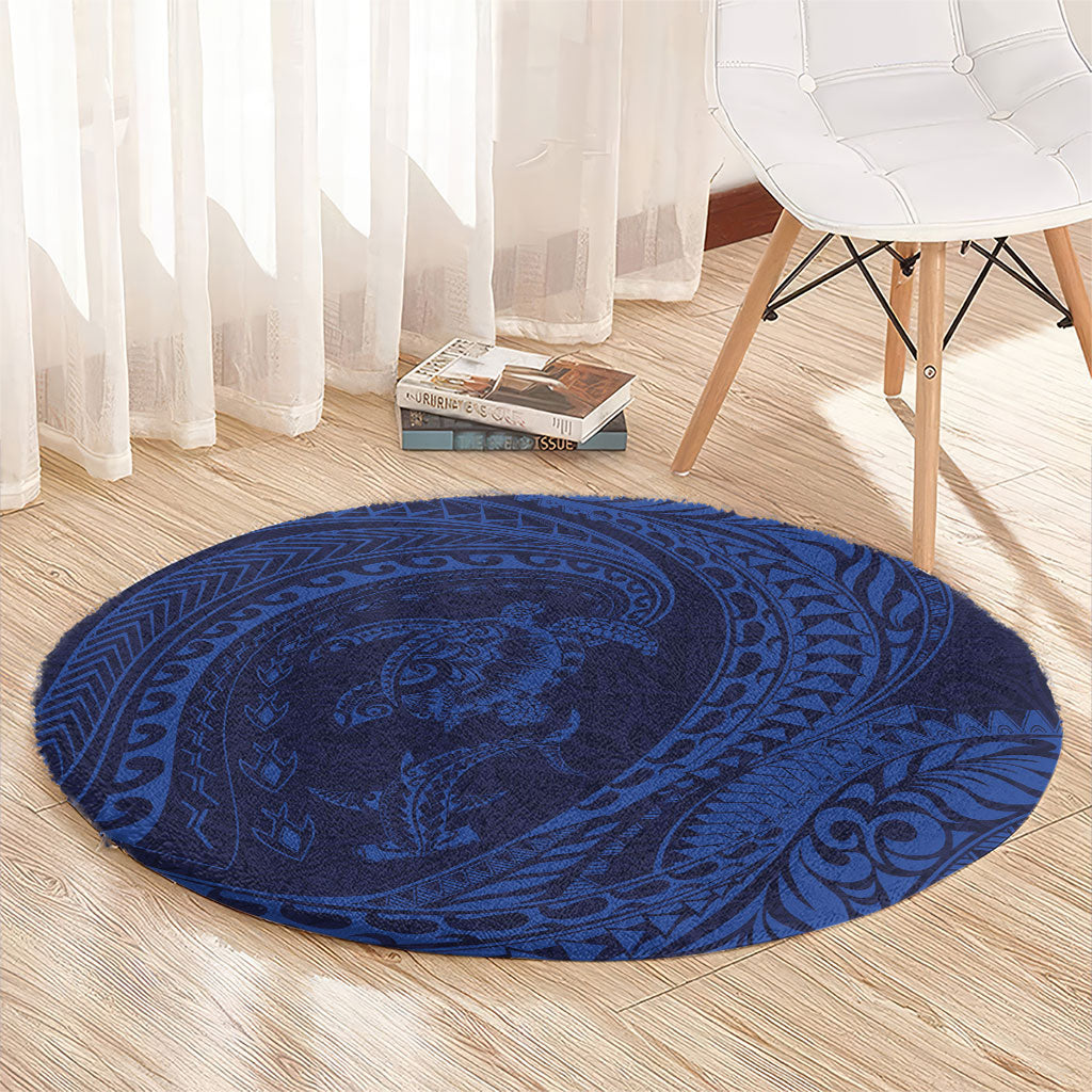 Hawaiian Turtle and Shark Round Carpet Kakau Tribal with Polynesian Pattern Blue Color