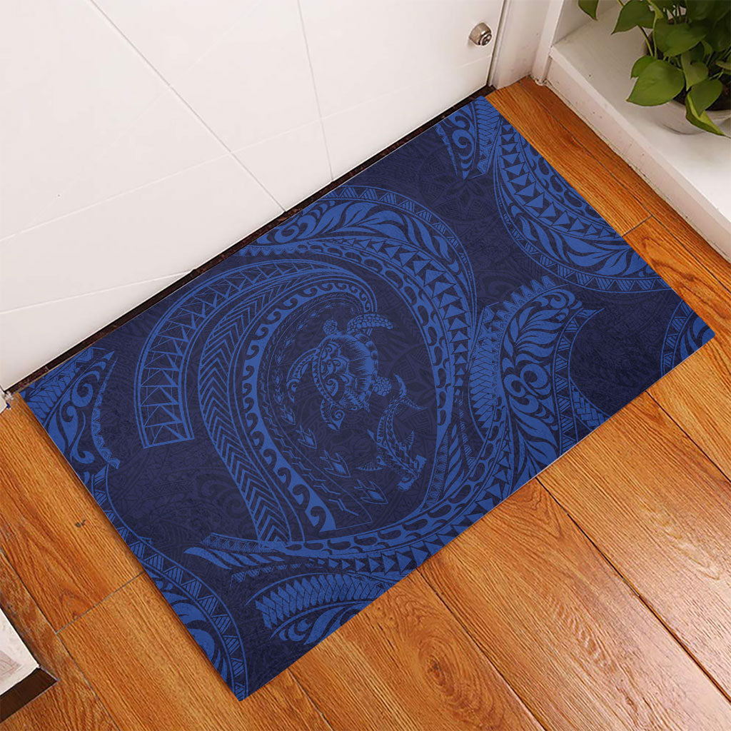 Hawaiian Turtle and Shark Rubber Doormat Kakau Tribal with Polynesian Pattern Blue Color