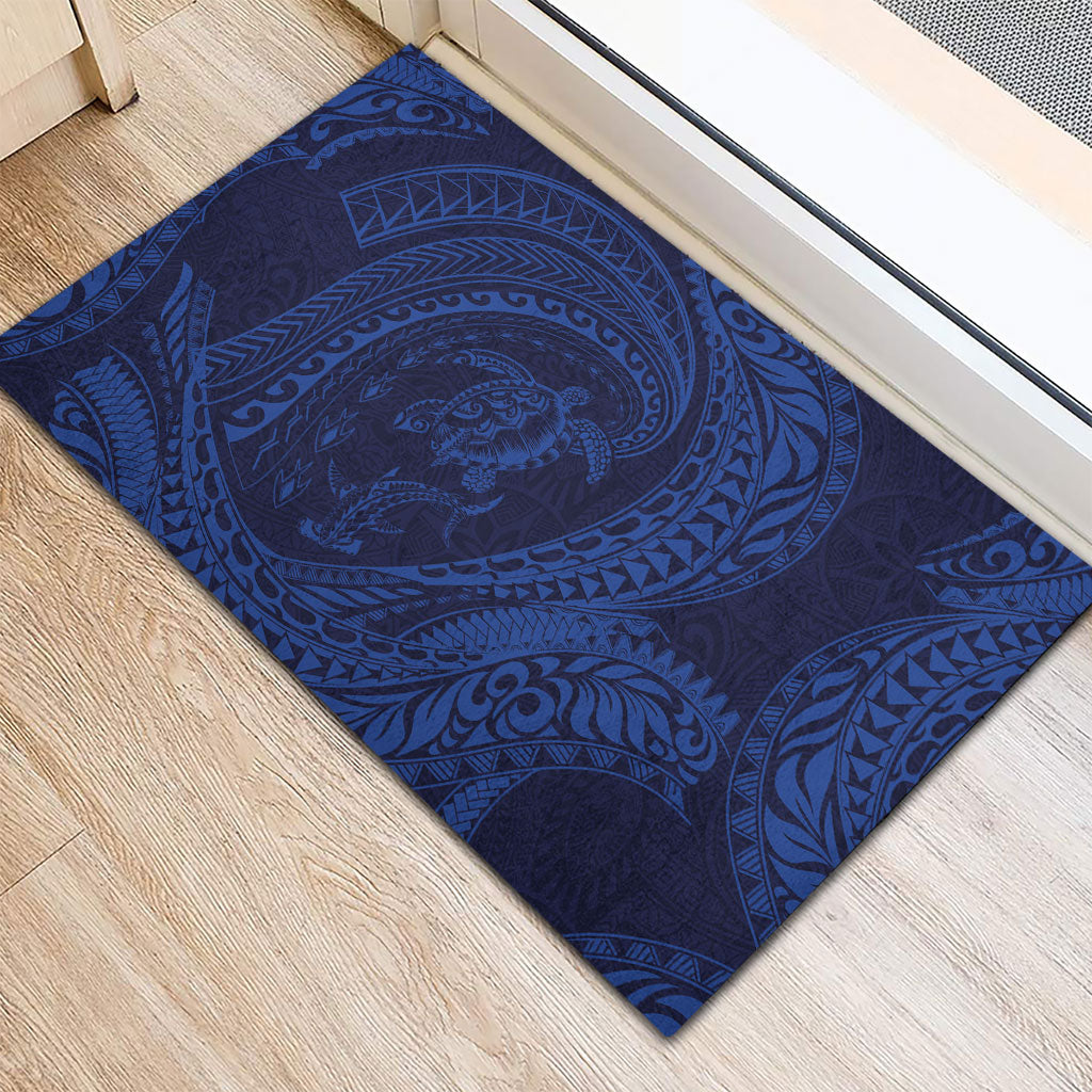 Hawaiian Turtle and Shark Rubber Doormat Kakau Tribal with Polynesian Pattern Blue Color