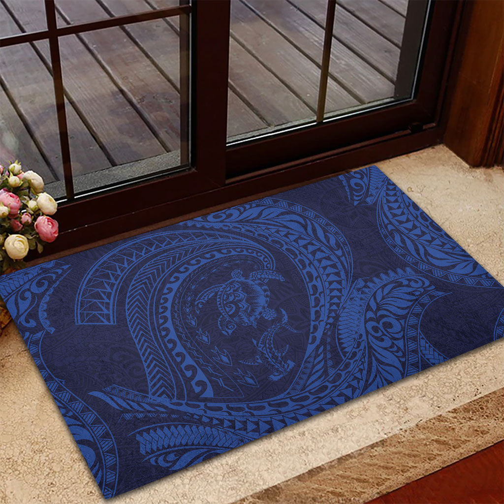 Hawaiian Turtle and Shark Rubber Doormat Kakau Tribal with Polynesian Pattern Blue Color