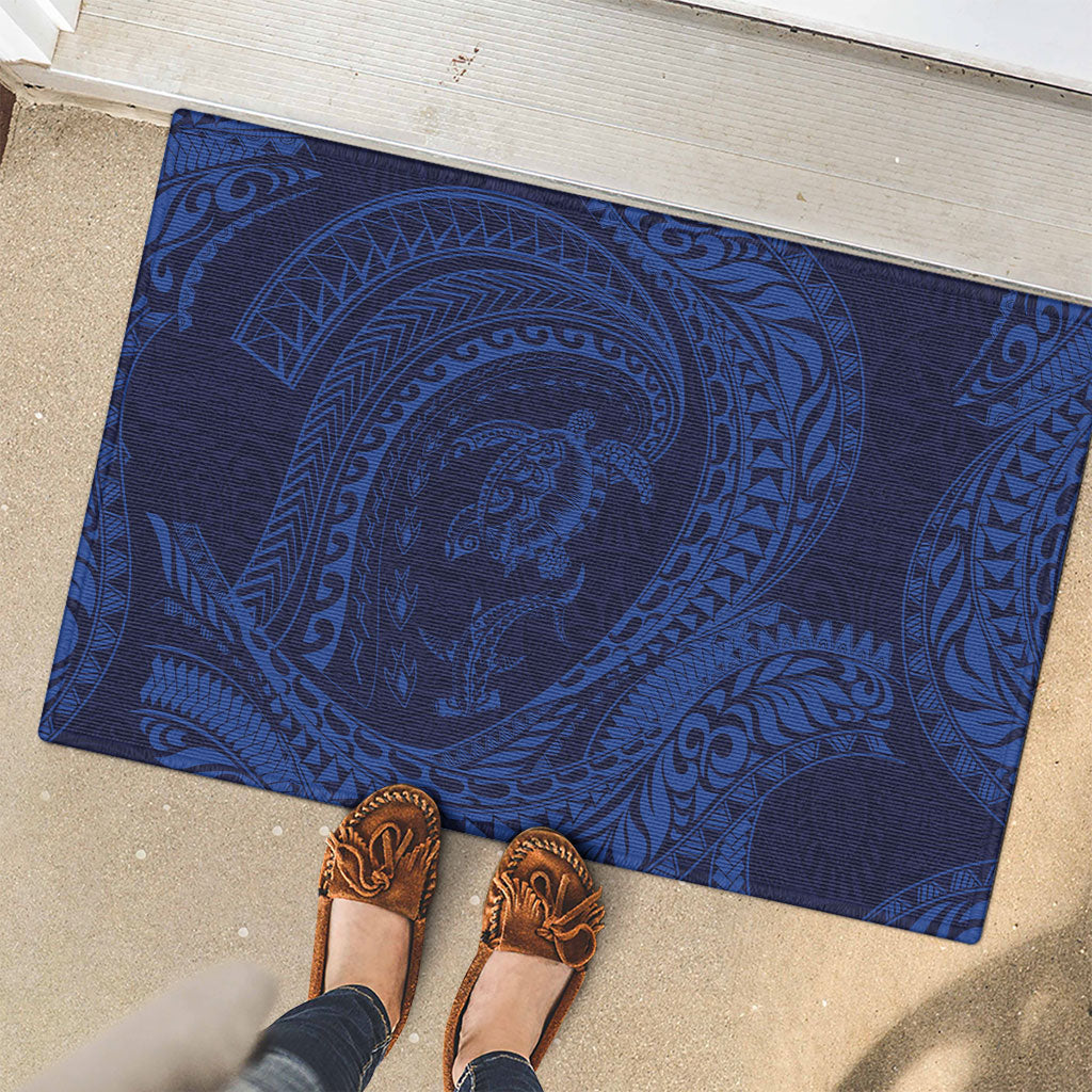 Hawaiian Turtle and Shark Rubber Doormat Kakau Tribal with Polynesian Pattern Blue Color