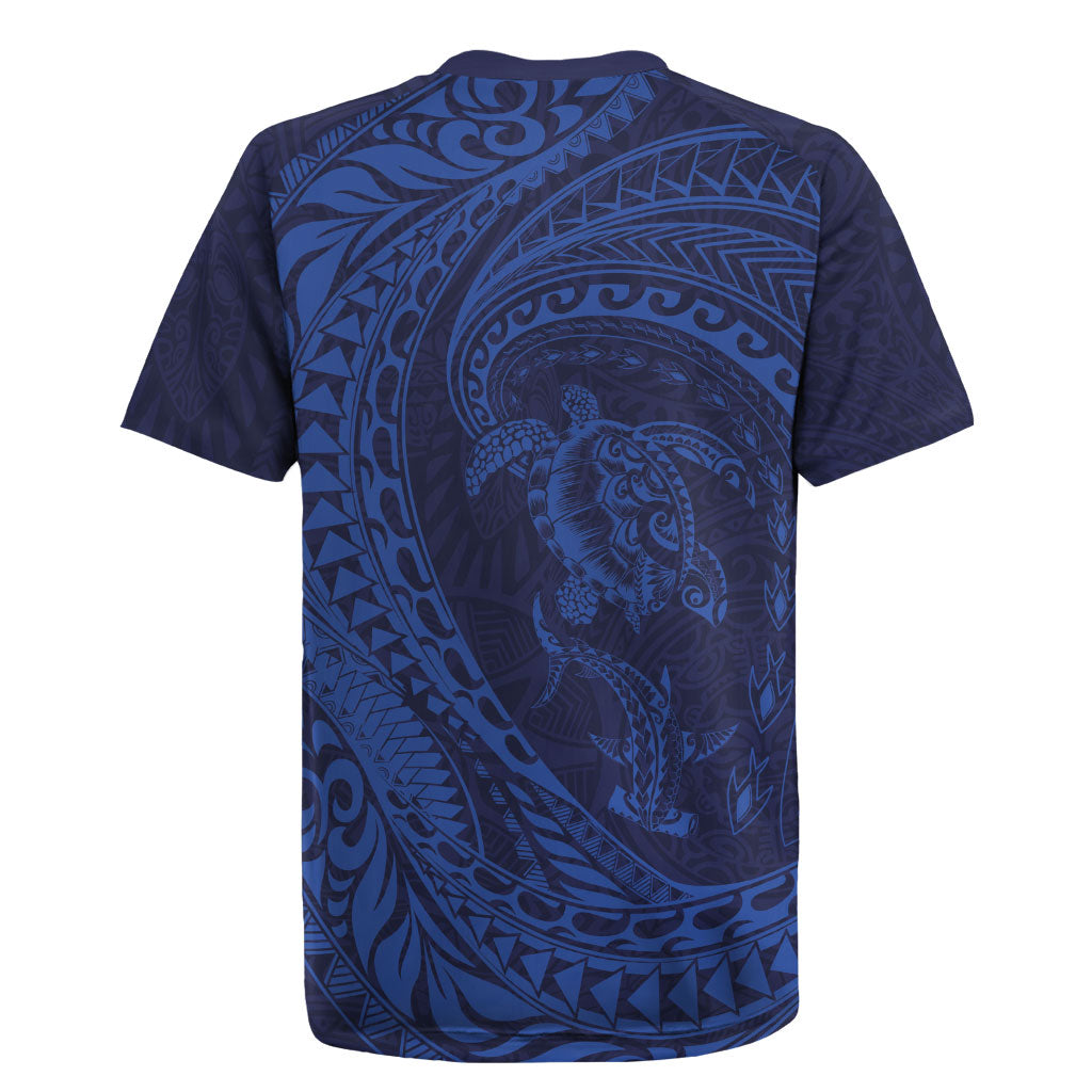 Hawaiian Turtle and Shark Rugby Jersey Kakau Tribal with Polynesian Pattern Blue Color