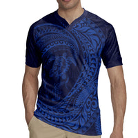 Hawaiian Turtle and Shark Rugby Jersey Kakau Tribal with Polynesian Pattern Blue Color