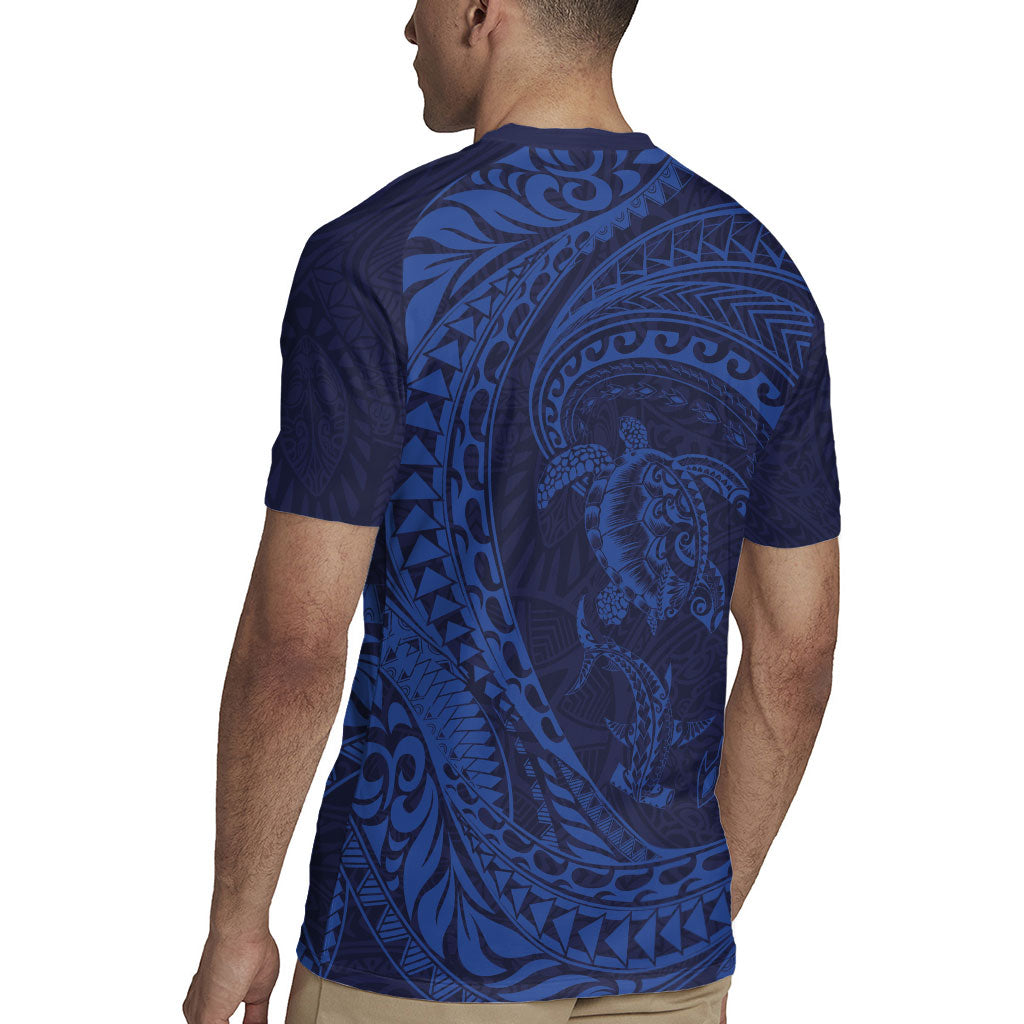 Hawaiian Turtle and Shark Rugby Jersey Kakau Tribal with Polynesian Pattern Blue Color