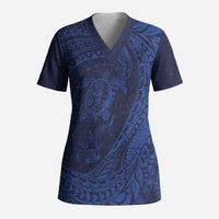 Hawaiian Turtle and Shark Scrub Top Kakau Tribal with Polynesian Pattern Blue Color