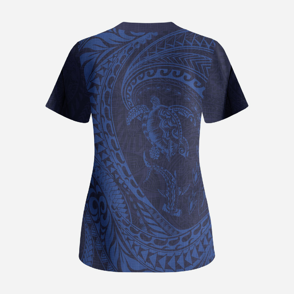 Hawaiian Turtle and Shark Scrub Top Kakau Tribal with Polynesian Pattern Blue Color