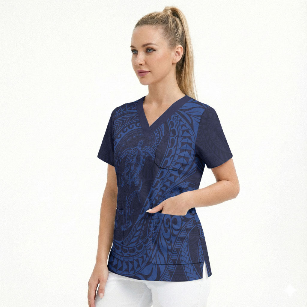 Hawaiian Turtle and Shark Scrub Top Kakau Tribal with Polynesian Pattern Blue Color
