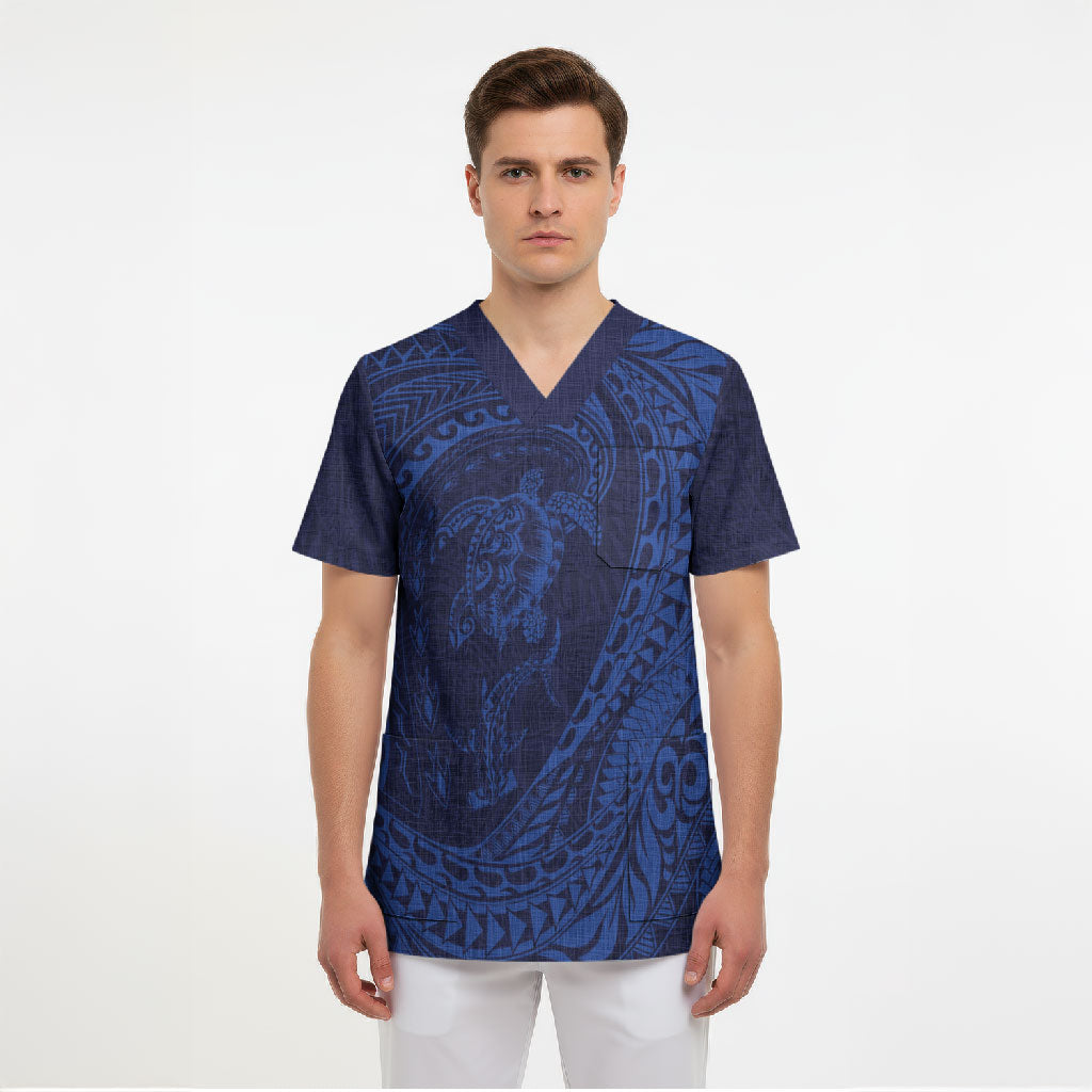 Hawaiian Turtle and Shark Scrub Top Kakau Tribal with Polynesian Pattern Blue Color