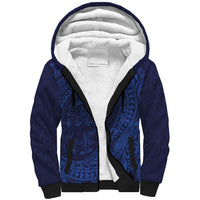 Hawaiian Turtle and Shark Sherpa Hoodie Kakau Tribal with Polynesian Pattern Blue Color