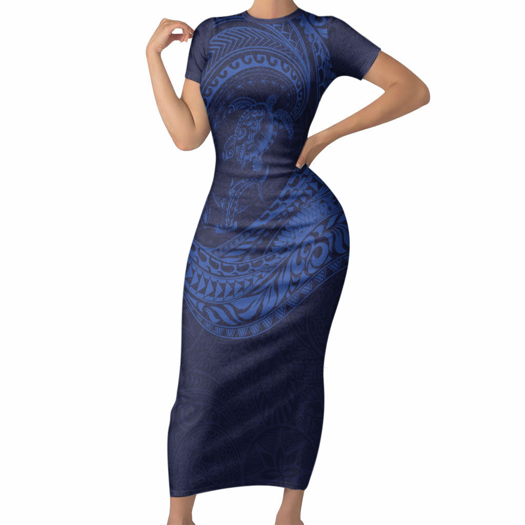 Hawaiian Turtle and Shark Short Sleeve Bodycon Dress Kakau Tribal with Polynesian Pattern Blue Color