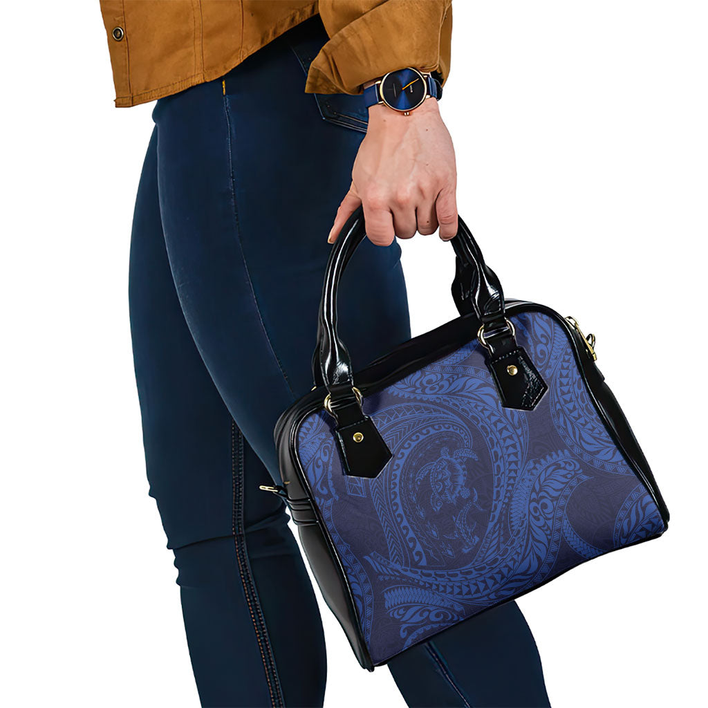 Hawaiian Turtle and Shark Shoulder Handbag Kakau Tribal with Polynesian Pattern Blue Color